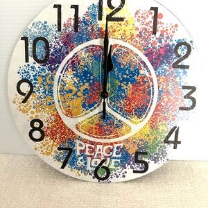 BRAND NEW “Peace & Love” Clock Multicolor Black Numbers. 10” Rd 1 AA Battery